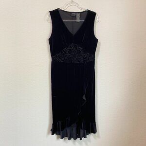 Vintage Studio Black Velvet Sleeveless Ruffle Embossed Midi Dress Whimsigoth